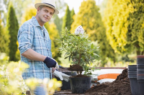 A man wearing a straw hat, blue checkered shirt, and gardening gloves is working outdoors in a garden during daylight. He is holding a small flower pot containing a young shrub with dark green leaves and white flowers. The garden features a prepared soil bed with dark, rich soil and several empty black plant pots stacked nearby. In the background, there are lush, tall trees with green foliage, suggesting a well-maintained landscape in a suburban area. The scene is brightly lit with natural sunlight, indicating fair weather. This outdoor space is part of a private garden, possibly in the Crystal Palace area, with a focus on gardening activities such as planting or potting. The image supports gardening services by illustrating attentive plant care and garden setup, highlighting the importance of proper planting and landscape maintenance, aligning with local gardening and landscaping offerings provided by Gardening Services Crystal Palace.